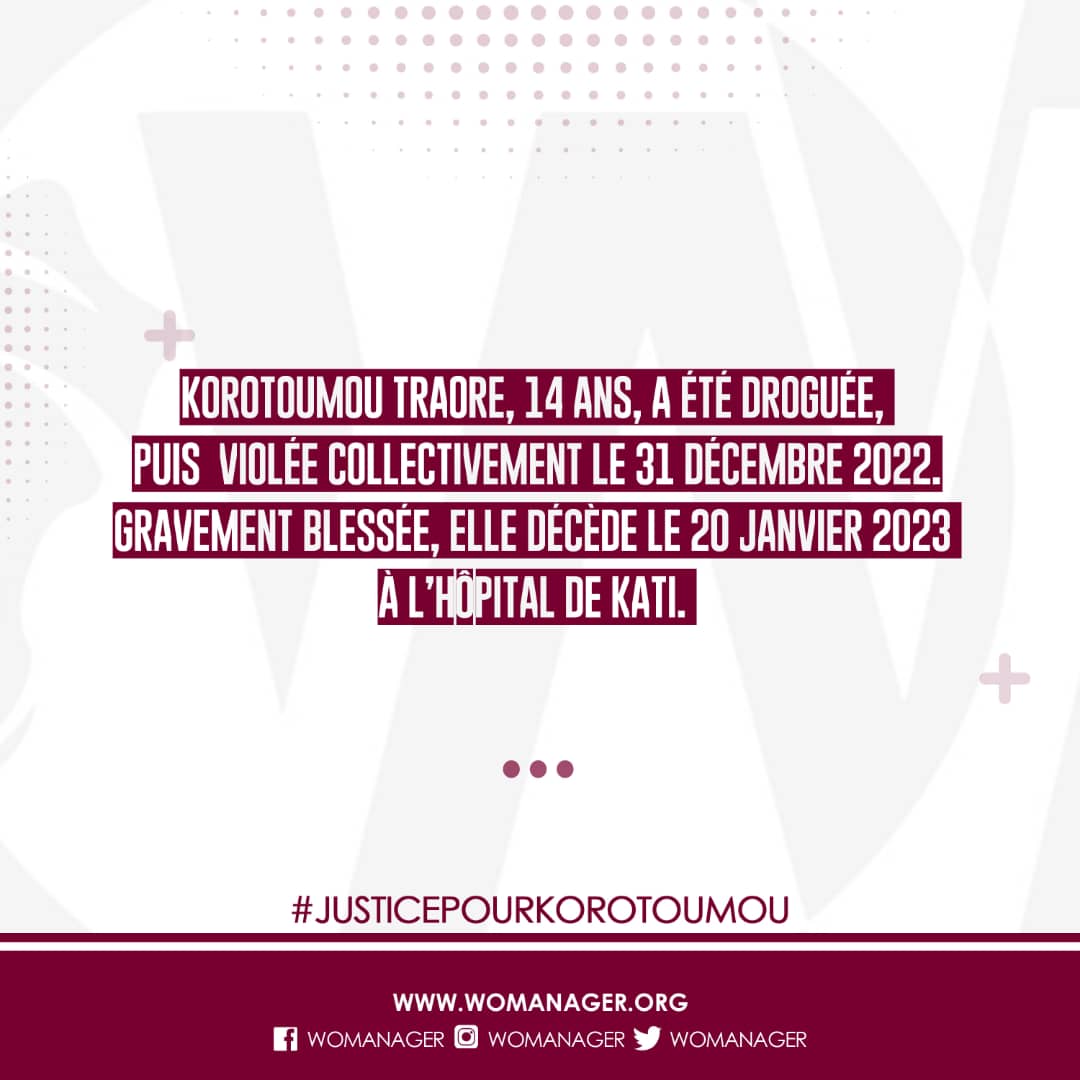 Womanager_'s tweet photo. #Unedeplus #Stopauviol
Korotoumou Traore 14 ans, droguée, violée collectivement et gravement blessée est décédée ce vendredi 20 janvier 2023.
#Justicepourkorotoumou https://t.co/mNTkVsL4ic