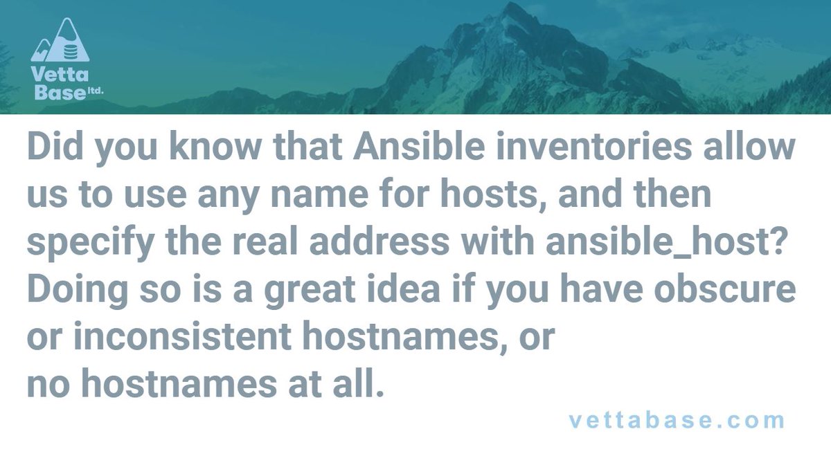 vettabase's tweet photo. Did you know that @Ansible inventories allow us to use any name for hosts, and then specify the real address with ansible_host? Doing so is a great idea if you have obscure or inconsistent hostnames, or no hostnames at all. #Ansible #automation #Vettabase #VettabaseWeeklyTips https://t.co/5PlKFOXigI