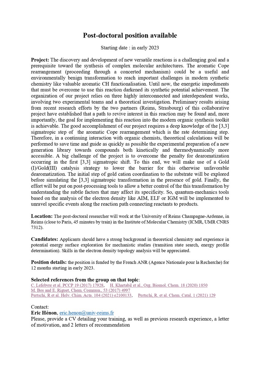 A #postdoctoral position is available at the 𝐔𝐧𝐢𝐯𝐞𝐫𝐬𝐢𝐭𝐲 𝐨𝐟 𝐑𝐞𝐢𝐦𝐬 𝐂𝐡𝐚𝐦𝐩𝐚𝐠𝐧𝐞-𝐀𝐫𝐝𝐞𝐧𝐧𝐞 (close to Paris, 45 minutes by train) with 𝐏𝐫𝐨𝐟𝐞𝐬𝐬𝐨𝐫 𝐄𝐫𝐢𝐜 𝐇é𝐧𝐨𝐧. File attached with more information. 𝐑𝐓 𝐚𝐩𝐩𝐫𝐞𝐜𝐢𝐚𝐭𝐞𝐝. #compchem.