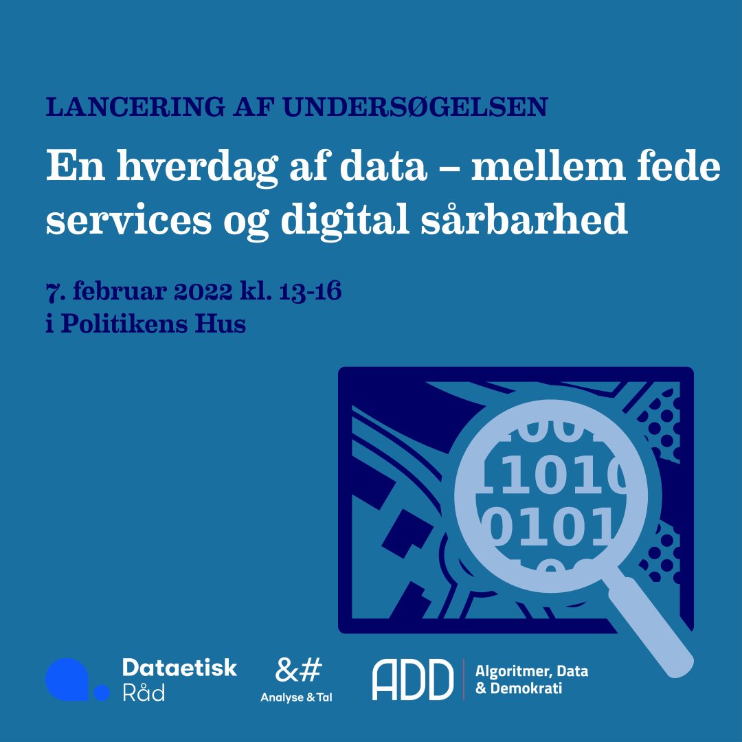 dataetiskraad's tweet image. Alle, der færdes online, videregiver data om sig selv - når de shopper, streamer og scroller. 

Kom med til Lanceringsevent: En hverdag af data – mellem fede services og digital sårbarhed. 
Tilmed dig her: altinget.dk/arena/konferen… 
#dataetik