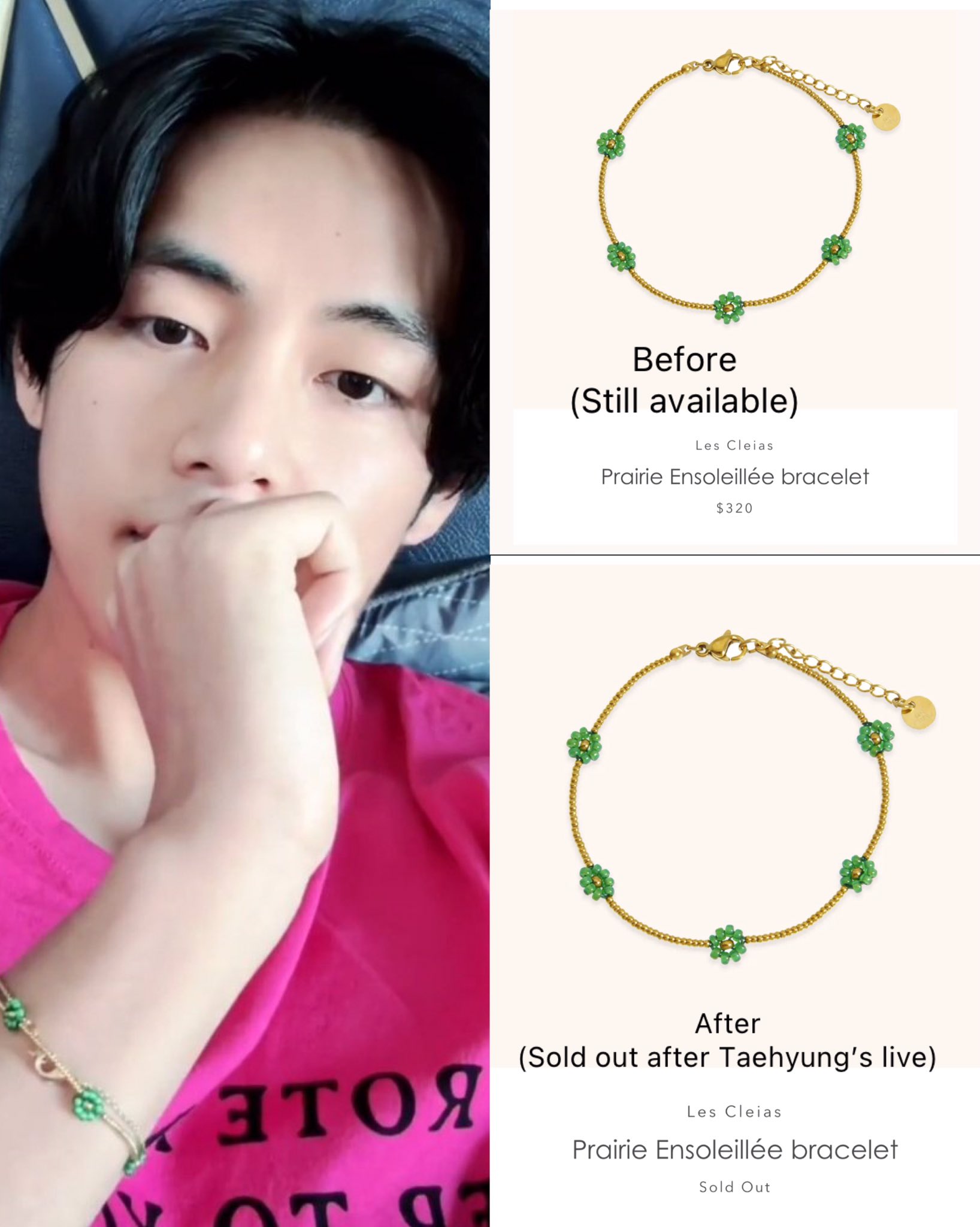 THV🎄 on X: The Prairie Ensoleillée bracelet that Taehyung wore in his  latest live already SOLD OUT, it was still available before..Yall really  sold out a $320 bracelet 😳  / X