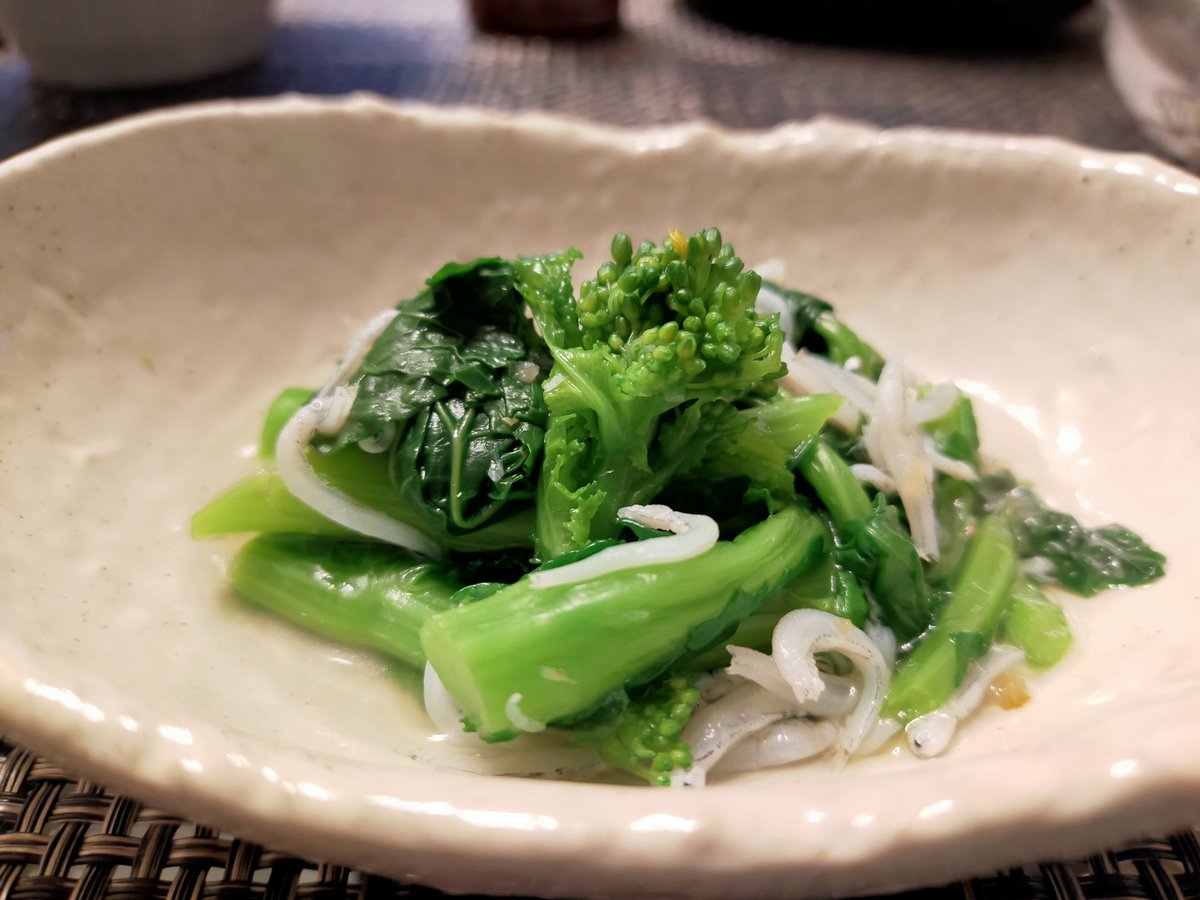 今日の晩酌 菜花としらすの柚子胡椒和え 鶏むね肉とれんこんのすり流し 今日はヘルシー寄り献立