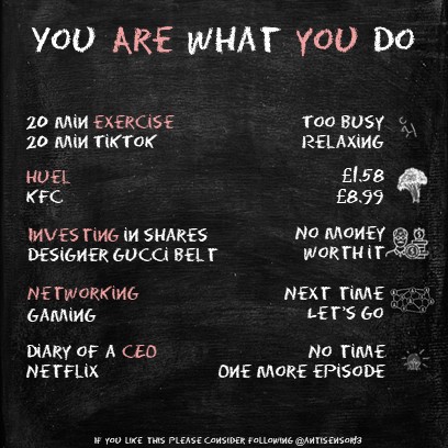 LIFE HACK INCOMING 🚀

📈 You ARE what YOU do📈

Others have it better than you and life unfair?

That was me once.

Change your habits.

Thanks to @SteveBartlettSC, @huel and others, I did.

#succestrain #lifehack #growthmindset #hustle #FolloForFolloBack #Health #mindcontrol