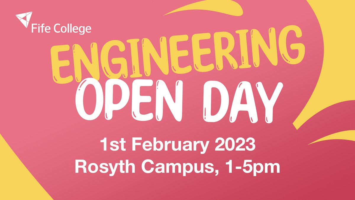 🚨 Fife College invites you to our Engineering Open Day!

🗓 Wednesday 1 February (1.00 – 5.00pm)
📍 Rosyth campus.

Open to anyone interested in studying Engineering at Fife College. We have a wide range of courses available.

🔗 Find out more - bit.ly/3kCfahW