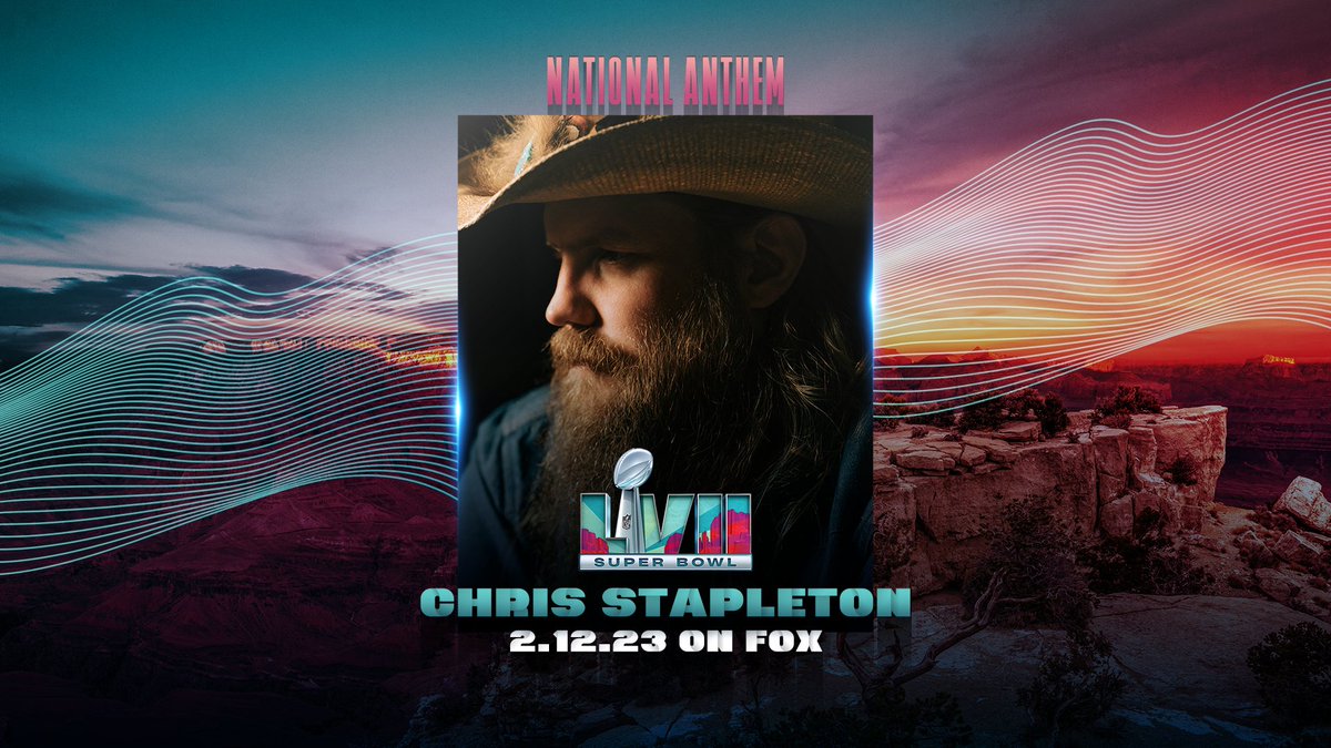 ChrisStapleton's tweet image. Watch Chris Stapleton perform the National Anthem at Super Bowl LVII on FOX.

2.12.23 • #SBLVII 
@NFL @NFLonFOX @RocNation