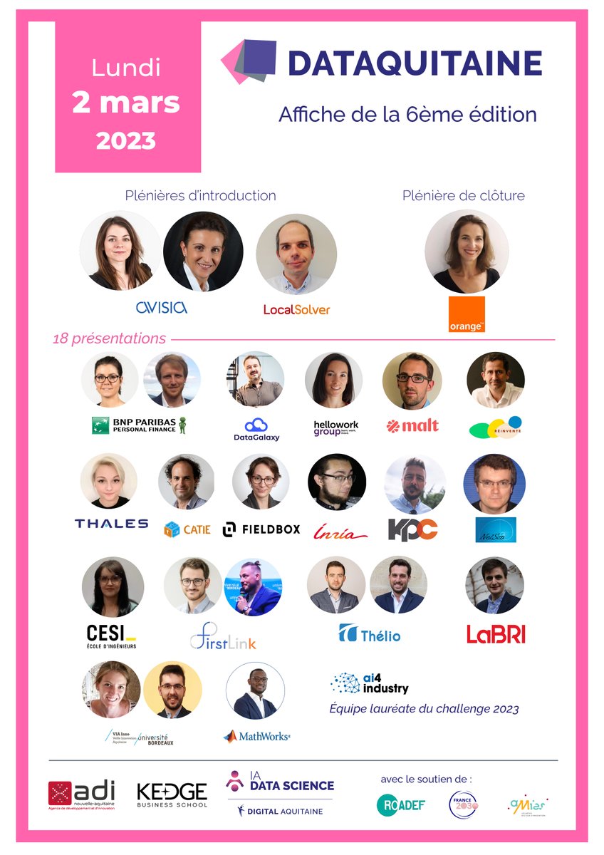 Les équipes du jury et d'organisation de Dataquitaine 2023 sont heureuses de vous présenter le programme complet de la conférence DATAQUITAINE : une 6e édition consacrée aux thématiques en lien avec l'#IA et la #Data avec un accent mis sur le #numeriqueresponsable