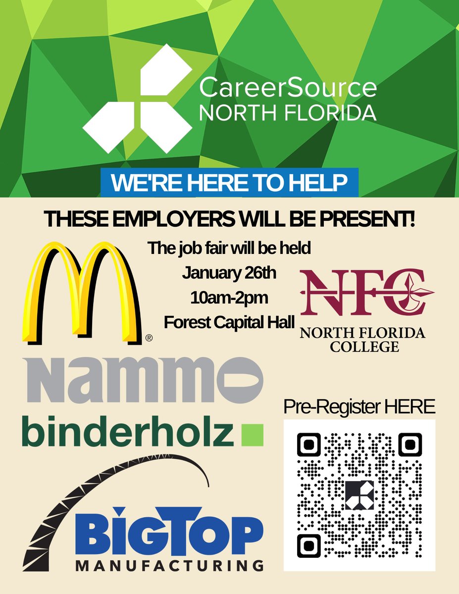 Here is another group of employers that will be at the job fair Thursday. Don't forget to have an updated resume, and remember to Pre-Register for this event using the QR code. If an EMPLOYER would like to participate, we have a few spots left call 850-973-9675 option 3