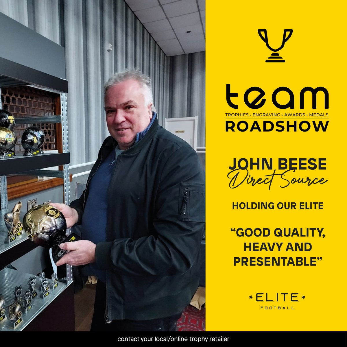 Trendtrophies's tweet photo. A big thank you to John Beese from Direct Source for stopping to see us at @teamroadshows, And also giving us his opinion on our new Elite trophy... We love it too, John 😍

#teamtrend #exhibition #roadshow #trophies #awards #elite #blackgold #footballtrophy #customer #tradeshow https://t.co/d3OqCRJVmQ