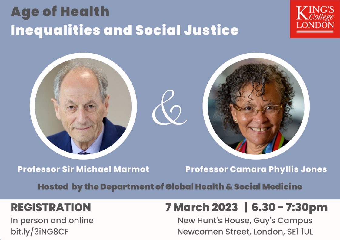 Camara Jones (@camarajones) on Twitter photo Join me and Sir <a href="/MichaelMarmot/">Sir Michael Marmot</a> on Tuesday, 7 March when we engage in spirited conversation and learning around āInequalities and Social Justice.ā
Free registration for both in-person and online participation at bit.ly/3iNG8CF. Join me and Sir <a href="/MichaelMarmot/">Sir Michael Marmot</a> on Tuesday, 7 March when we engage in spirited conversation and learning around āInequalities and Social Justice.ā
Free registration for both in-person and online participation at bit.ly/3iNG8CF.