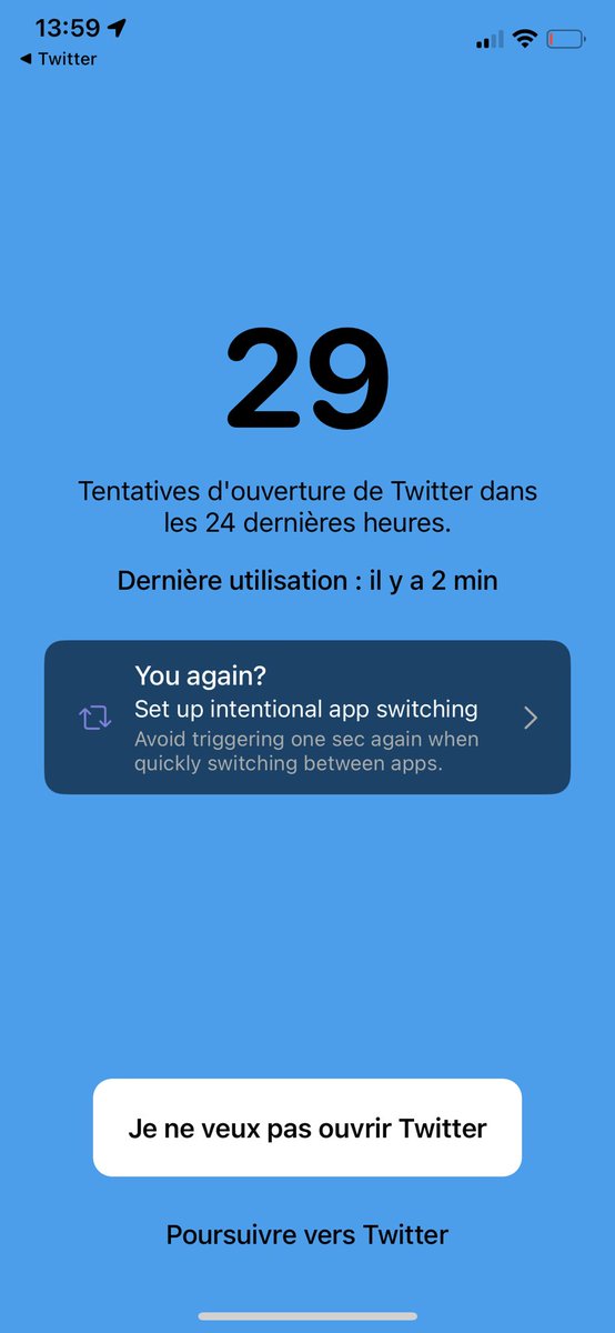 mary_sunray's tweet photo. @enjoyphoenix « One sec » , tu sélectionnes une appli genre Instagram, et dès que tu l’ouvres ça prend un écran de chargement de 3 secondes le temps de respirer et ça te demandes si tu veux vraiment l’ouvrir. Grâce à ça j’me suis rendue compte que j’ouvrais machinalement Twitter tout le temps https://t.co/rS14IRNAim