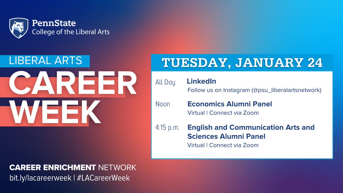 PSULAJobs's tweet photo. Liberal Arts Career Week continues today! Join us for events on #LinkedIn and alumni panels for @PennStateEcon, @EnglishatPSU, and @CASatPSU majors!
Visit our website for Zoom links and to explore #LACareerWeek events: https://t.co/eKvPhUTuIF
@PSULiberalArts @PennStateWES @PSUEA https://t.co/5mnL2lQd7I