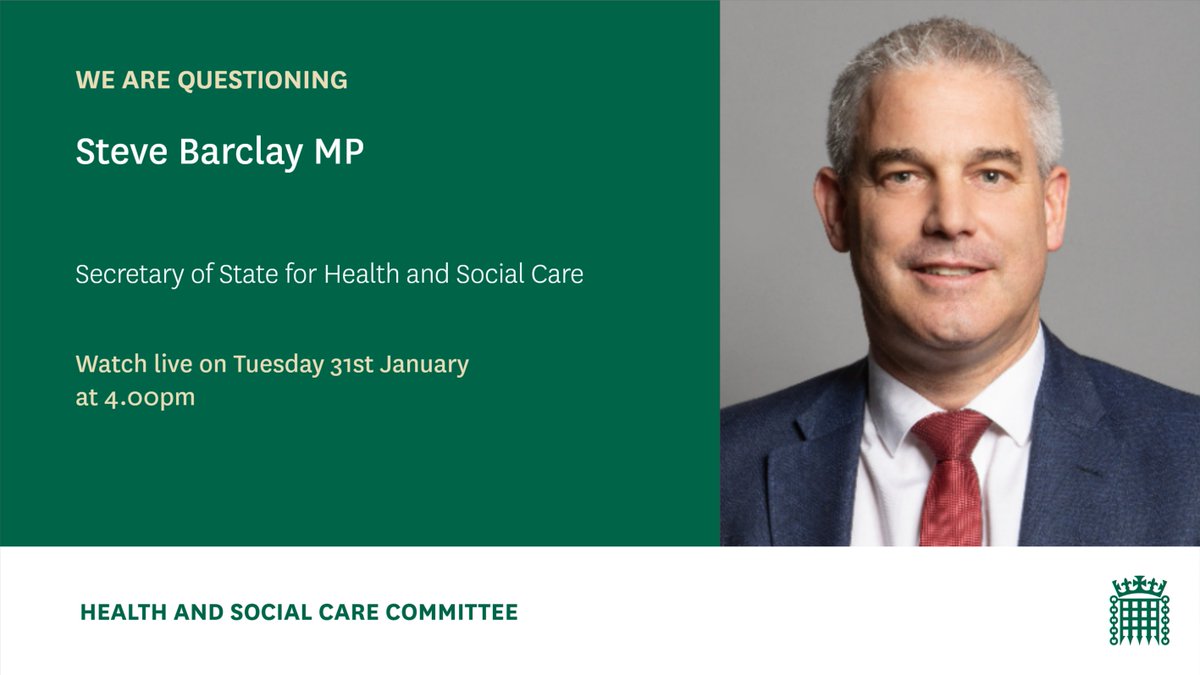 NEW: Next week, Secretary of State <a href="/SteveBarclay/">Steve Barclay</a> will make his first appearance before our Committee. 

We'll be questioning him on the urgent issues facing health and social care services, including growing demand, winter pressures, industrial action and workforce planning.