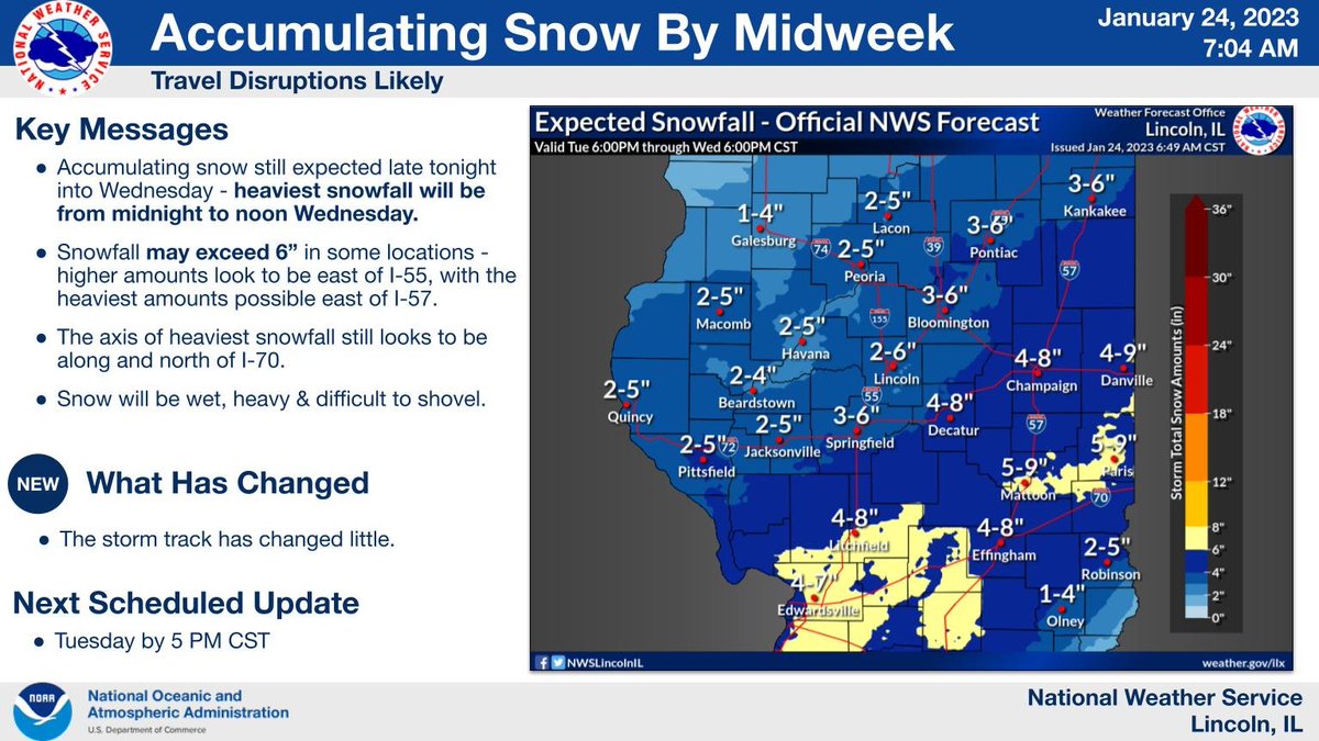 Accumulating snow is expected across the area late tonight into Wednesday. The heaviest snow appears most likely east of I-55, which is where a Winter Storm Warning is in effect. #ILwx