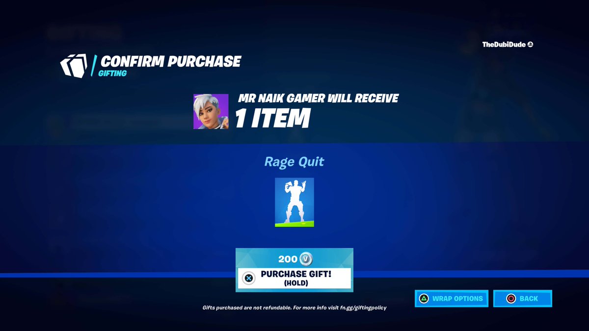 dubi_dude's tweet photo. #CONGRATULATIONS "MR NAIK GAMER" on receiving #RageQUIT #Uncommon #Emote from #DubiDude for #DAILY 200 #vBucks #Giveaway!
#Fortnite #FortniteChapter4 #fortnitegiveaway #Pakistan #PakistanGaming #PakGaming #Gaming #Congrats #January2023 #India https://t.co/R82gIzqdSm