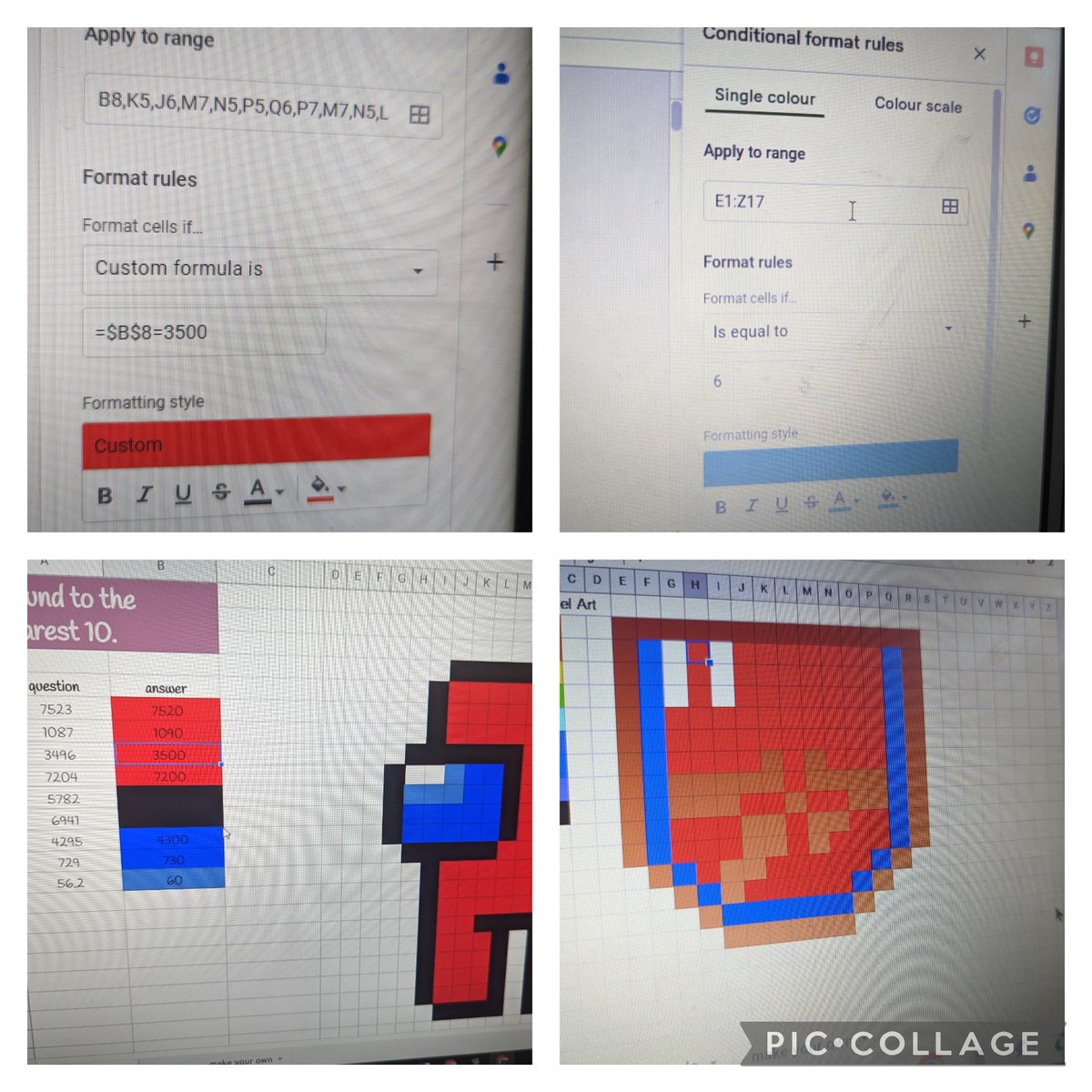 PrimaryEdTech's tweet photo. Back in Year 6 (a week later), introducing conditional formatting and formulas. Activity 1: painting by numbers. Activity 2: pixel art with cells becoming coloured filled with each rounding question correctly answered. #edtech #primaryed #teaching #edutwitter #redissus https://t.co/roWcuAt1wC