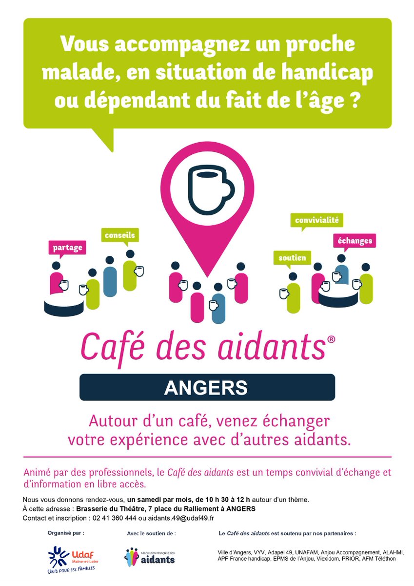 APFDD49's tweet photo. #Aidants ♿☕️
Vous accompagnez un proche malade, en situation de handicap ou dépendant du fait de l'âge ? 
Ce rendez-vous des aidants est fait pour vous !
Un samedi par mois, l'UDAF49 vous accueil de 10h30 à 12h 📍Brasserie du Théâtre - 7, place du Ralliement - ANGERS https://t.co/r53JLA0XNG