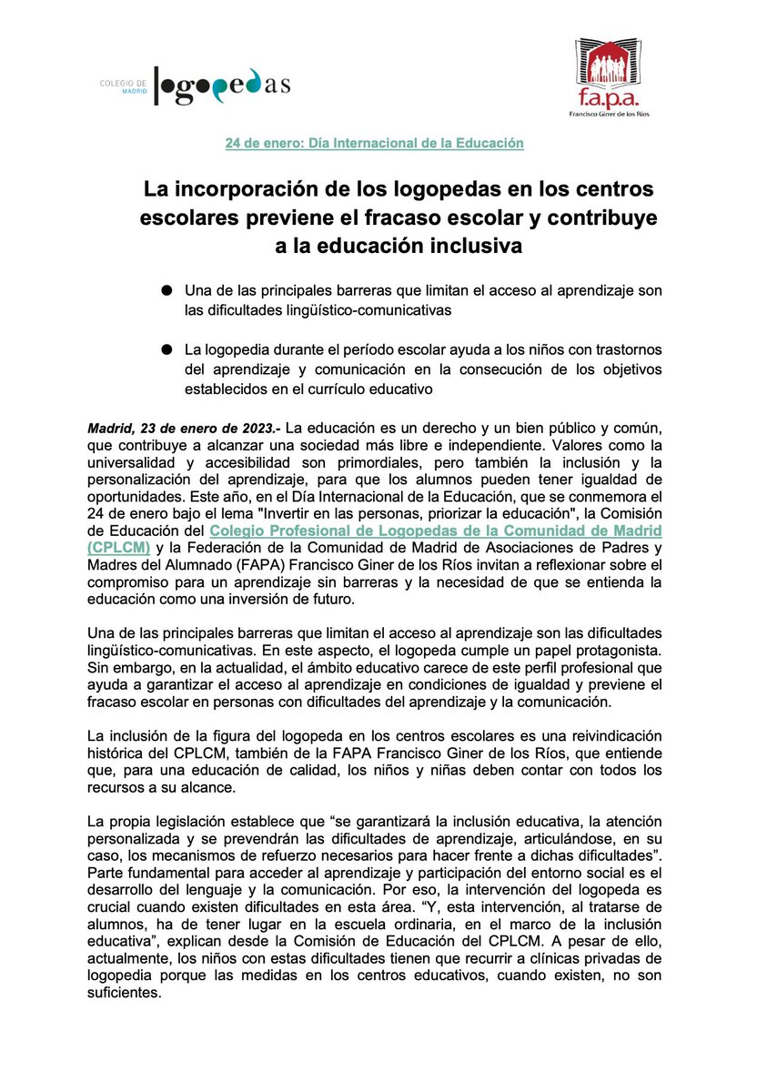 FAPA_Giner_Rios's tweet photo. En el #Diainternacionaldelaeducacion
queremos volver a reivindicar la figura del #Logopeda en los centros educativos.

El @ColeLogoMadrid y la @FAPA_Giner_Rios os explicamos los motivos.

#inclusion
#DerechosInfanciaFAPA
https://t.co/BpyIqYKxCR https://t.co/45XMJY4EBE