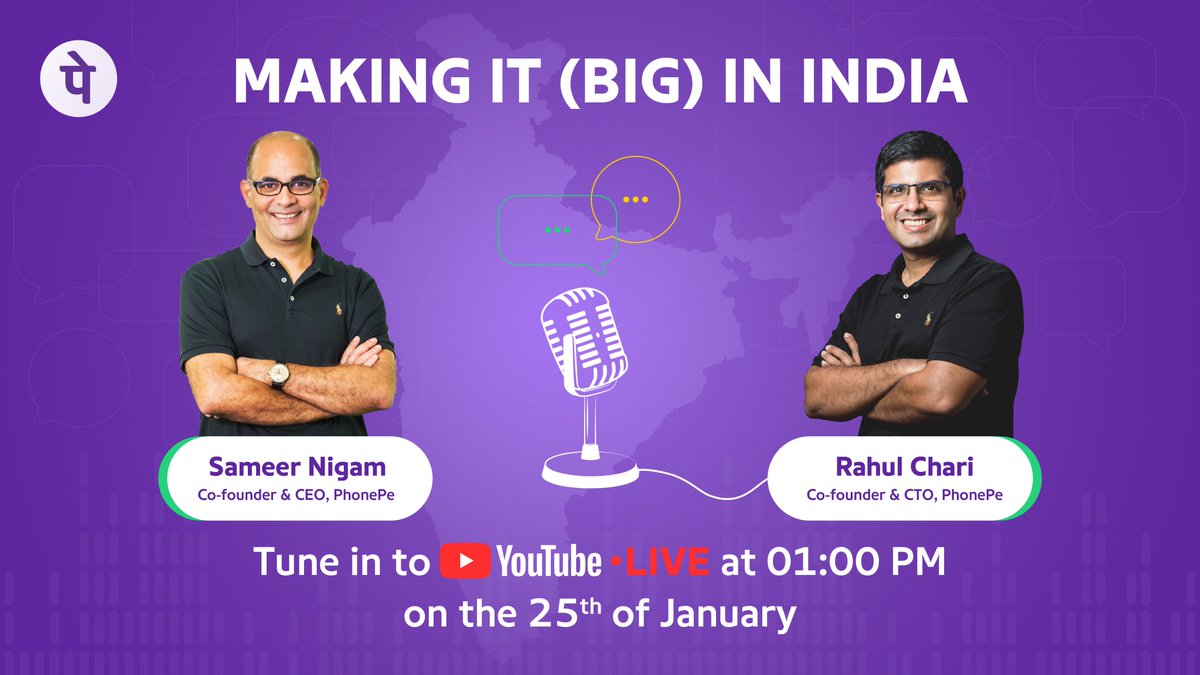 PhonePe's tweet photo. The Big Picture Story! 

Hear our CEO @_sameernigam &amp; CTO @rahulchari9 give their insights on the recent fundraise, the shifting of domicile to India, and the way forward in this special.
 
Tune in to this link tomorrow at 1 PM: https://t.co/TkxErwGQ08

#BigInIndia #PhonePe https://t.co/iBR06SSXiA