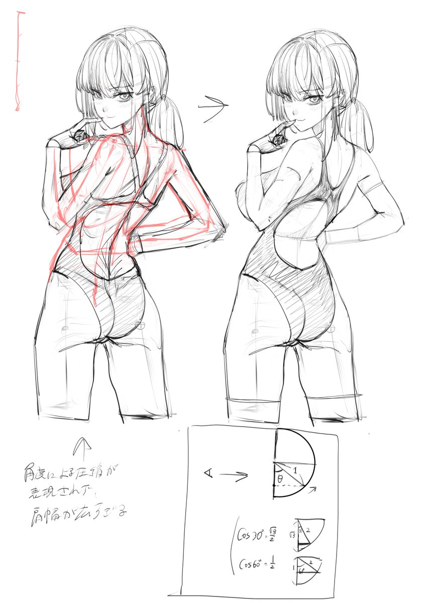 Colosoのモ誰さんの講座で明暗の変化をCosを使って説明してたけど、Cosは長さについても使えるんじゃないのというメモ
たとえば、真後ろから見たとき肩幅の長さが1とすると、30度横を向くとCos30=0.86。60°横を向くとCos60=0.5になる
これ結構使えそうじゃない?