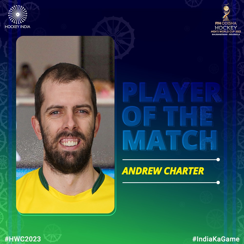 TheHockeyIndia's tweet photo. Andrew Charter is your Player of the Match for his heroic penalty save against Spain in the fourth quarter.
🇦🇺 AUS 4-3 ESP 🇪🇦
#AUSvsESP #HockeyIndia #IndiaKaGame #HWC2023 #HockeyWorldCup2023 @CMO_Odisha @sports_odisha @IndiaSports @Media_SAI @Kookaburras https://t.co/GqL03AXO4s
