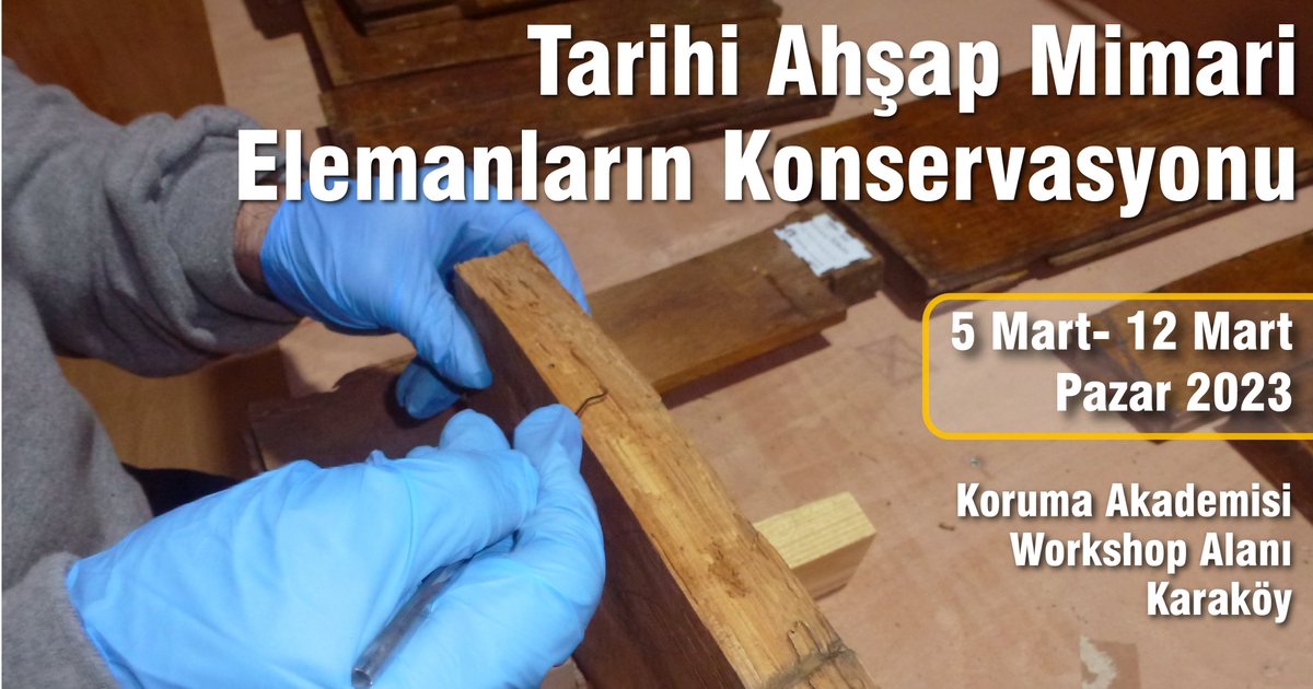 Tarihi Ahşap Mimari Elemanların Konservasyonu  
istasyonumuz 5 Mart Pazar ve 12 Mart Pazar günlerinde uygulamalı modüller içeren bir öğrenme deneyimi olarak gerçekleşecektir. 

İstasyonlardan erken haberdar olmak için mail listemize hemen kayıt ol: 
korumaakademisi.com.tr/koruma-istasyo…
