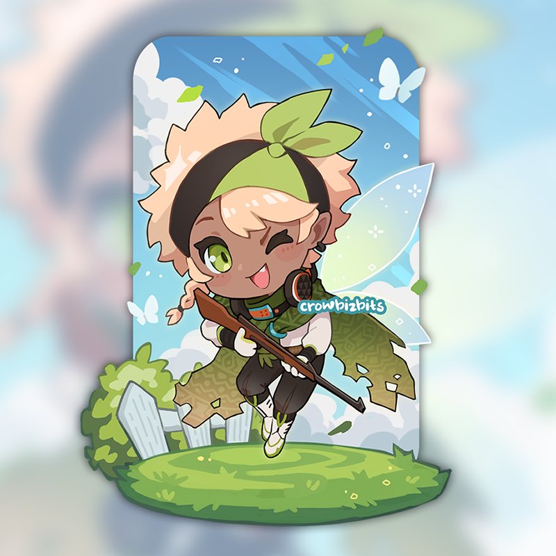 one eye closed dark skin chibi 1girl butterfly green eyes weapon  illustration images