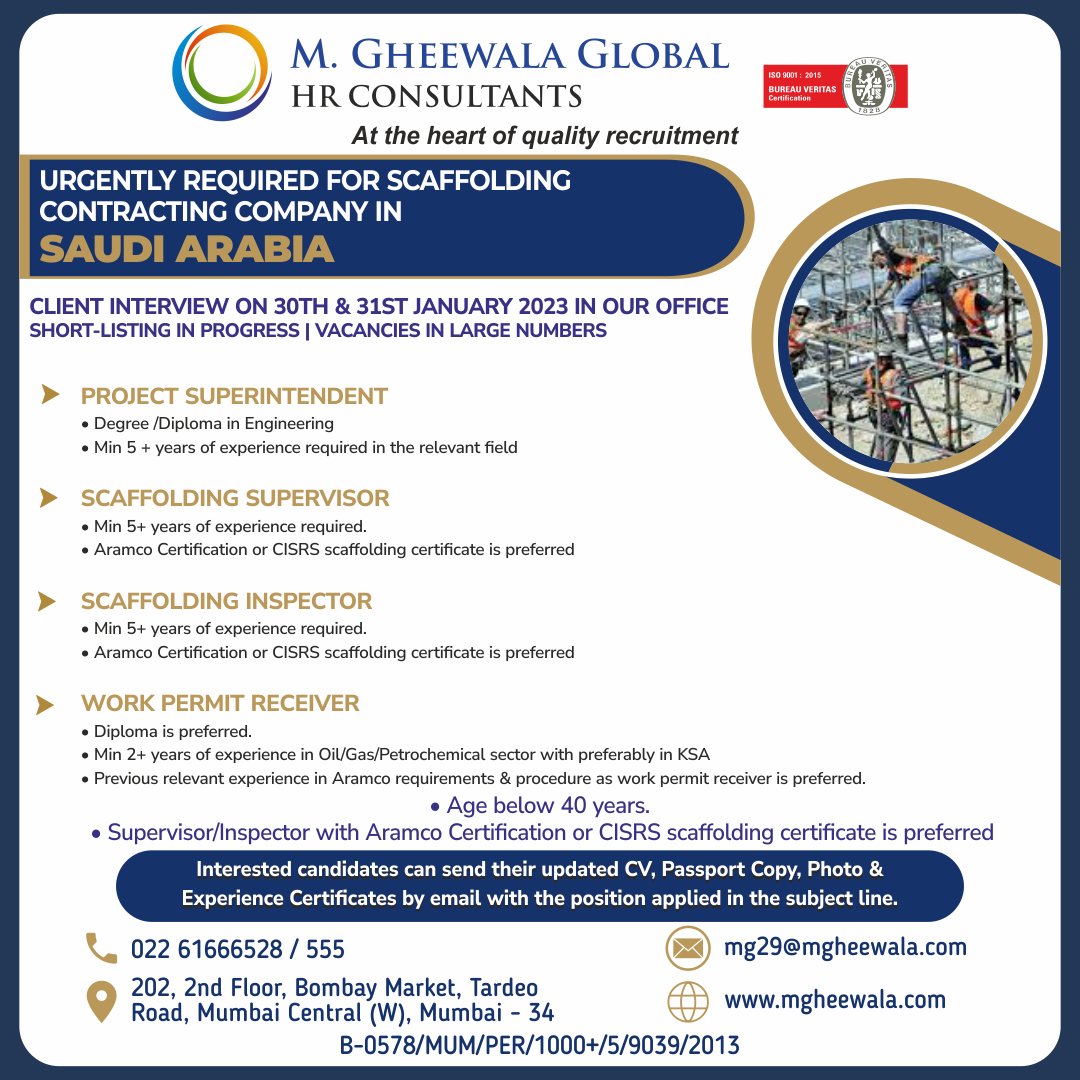 mgheewala_hrc's tweet photo. Job Vacancies for #Saudiarabia
Interested Candidates can send the updated resume to mg29@mgheewala.com
Learn More https://t.co/Ps4bxv2mB1
#jobsinsaudi #projectsuperintendent #scaffoldingsupervisor #scaffoldinginspector #inspector #workpermitreceiver #oilandgas #petrochemical https://t.co/DL2aCleF9Y