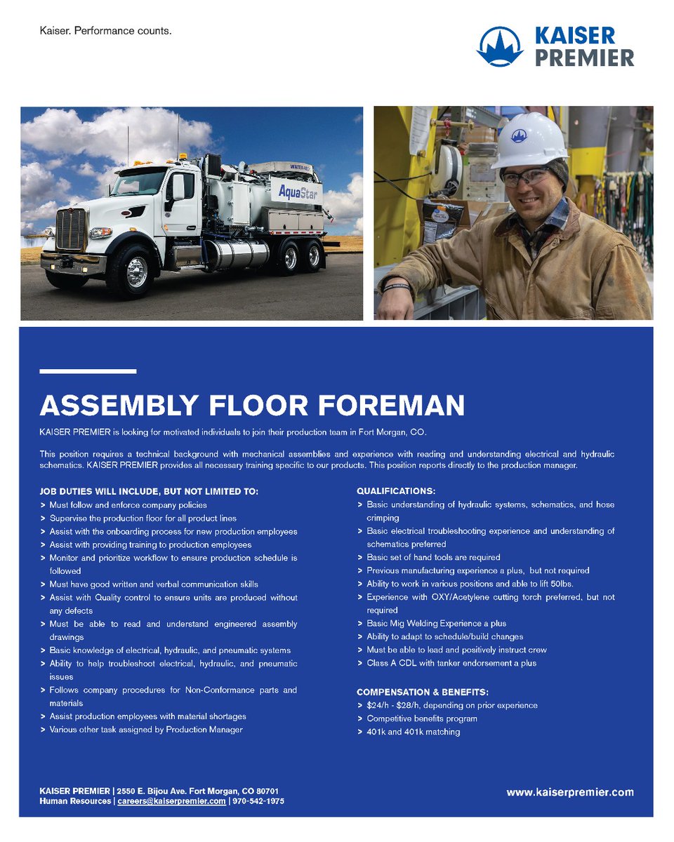 kaiserpremllc's tweet photo. Another great opportunity at KASIER PREMIER: Assembly Floor Foreman! Email resumes to >> careers@kaiserpremier.com

#KAISERPREMIER #PerformanceCounts #WereHiring https://t.co/qIIpnosMk5