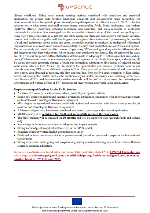 upscale_h2020's tweet photo. 🔔#phdposition at UPSCALE Uganda🔔

Duration analysis of push-pull technology (PPT) adoption and its impact on households’ livelihoods in East #Africa.

📅15th February 2023 
For more information check below ↙
#agriculture #H2020 #opencall #research #cv
@icipe @narouganda https://t.co/D8x5P9nQXU