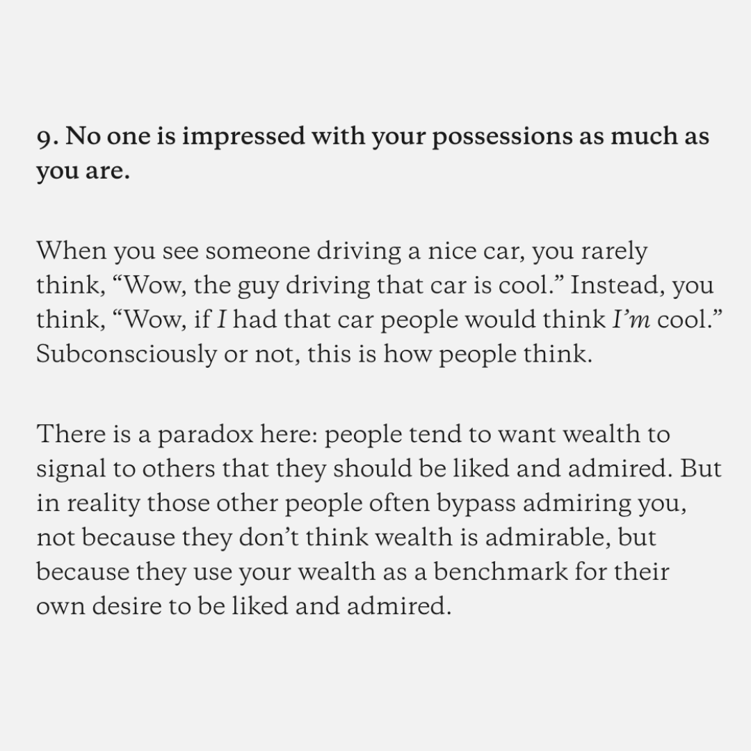thejustinwelsh's tweet photo. I think about this piece from Morgan Housel a lot.

To me, it reinforces that admiration comes from helping other people succeed, and not from material wealth.

If you're a Solopreneur, it's worth remembering why you're doing what you're doing. https://t.co/SP0yZquutv