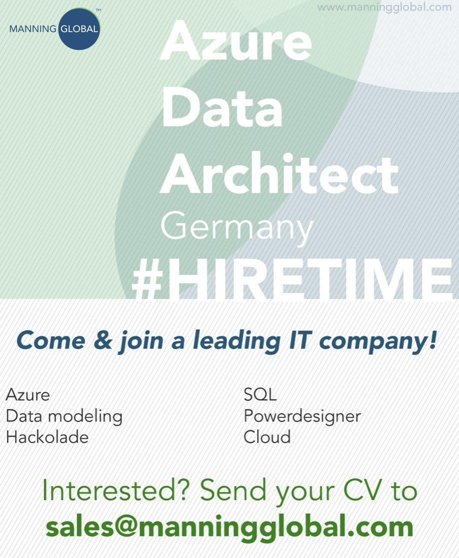ManningGlobal's tweet photo. New #job in #Germany! 🇩🇪
Our client, a leading global #IT company, is recruiting for an AZURE DATA ARCHITECT!
Send your CV to sales@manningglobal.com
#Cloud #Azure #Data #Security #Apps #SQL #Erwin #Powerdesigner #Hackolade #DataArchitect #ICT #NewJob #ManningGlobal #Tech https://t.co/HeVff8j6Xl