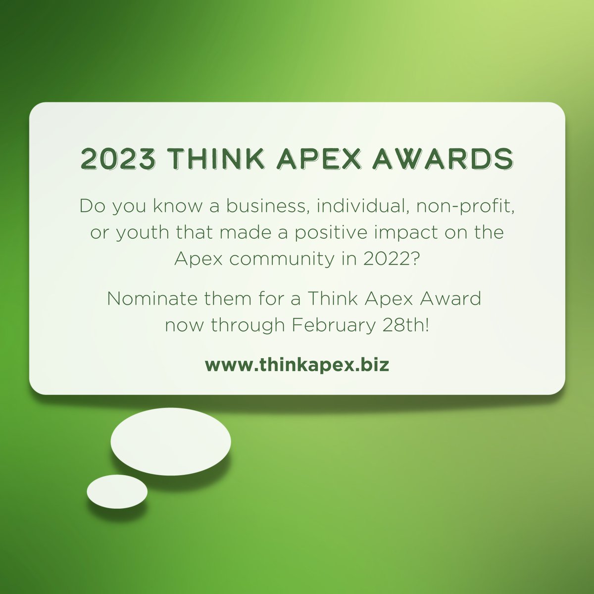 Help us recognize members in our community for their dedicated service to others and the Apex community by nominating them for a Think Apex Award! 
Learn more and submit your nominations for the 2023 Think Apex Awards at: thinkapex.biz