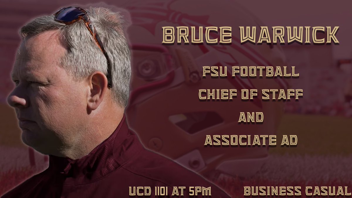 FSUSMSA's tweet photo. Hey noles! We’re excited to announce our first speaker this semester, Bruce Warwick, FSU Football Chief of Staff and Associate AD, and former Director of Operations for the LA Rams!

🗓️ Today, Tuesday, January 24
⏰5 PM
📍UCD1101
👕 Business Casual

We hope to see you there! https://t.co/Mkgs9GRHyC