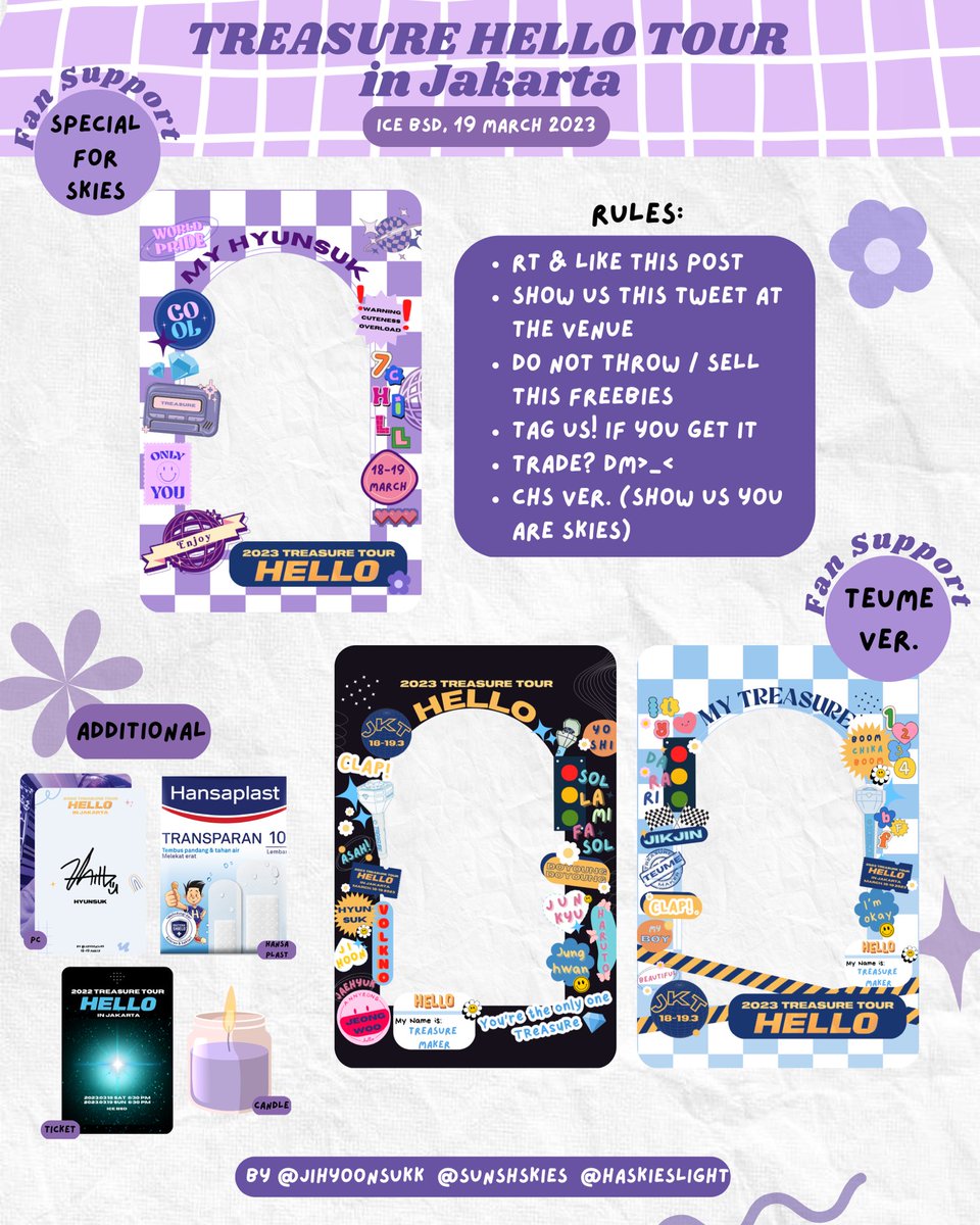 jihyoonsukk's tweet photo. [RT Likes are appreciated🥹🫶🏻]

꒰ FREEBIES TREASURE HELLO TOUR in JAKARTA ꒱ by @jihyoonsukk @haskieslight @sunshskies 

(📍) ICE BSD
(🗓) 19 March
(⏰) TBA on thread below

✧ Limited ✧ SEE YOU TEUME! 

t; jkt treasure concert #HELLOinJKT #HELLOinJakarta #TREASUREinJKT https://t.co/w7SJG8ULuh