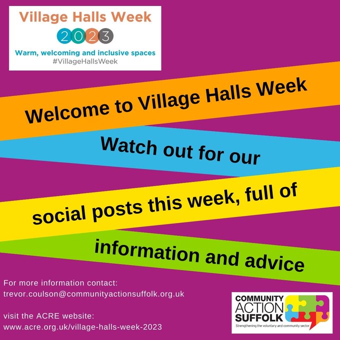#VillageHallsWeek is here! We encourage you to open your doors and invite your community in!  Celebrate its history, its people and its purpose.  It might even generate new volunteers &amp; users! <a href="/CASuffolk/">Community Action Suffolk</a> <a href="/VHCBCAS1/">Suffolk Village Halls & Community Buildings</a>