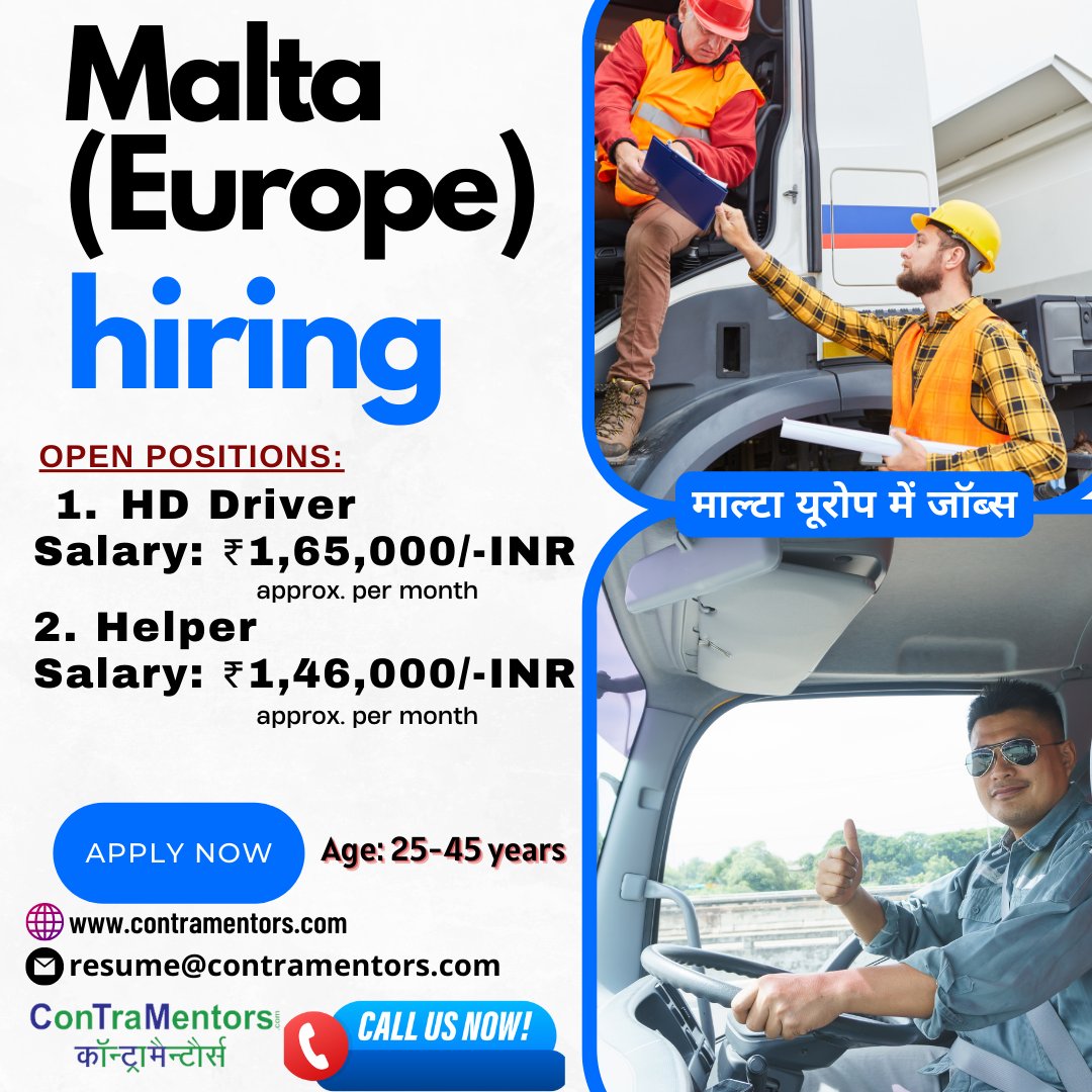 contramentors's tweet photo. 🥳Jobs in Malta (EUROPE)💯माल्टा (यूरोप) में जॉब्स
⏰Call Us☎️:📲+91-8279442058, 9643043716, 9756877775,
https://t.co/dYVoRI1Oma
#jobsinmalta #malta #europejobs #driverjobs #hddriver #helpers #drivers #truckhelpers #europejobs #employmentvisa #foodandbeverage #workvisa #Jobs https://t.co/YKlC59UOMj