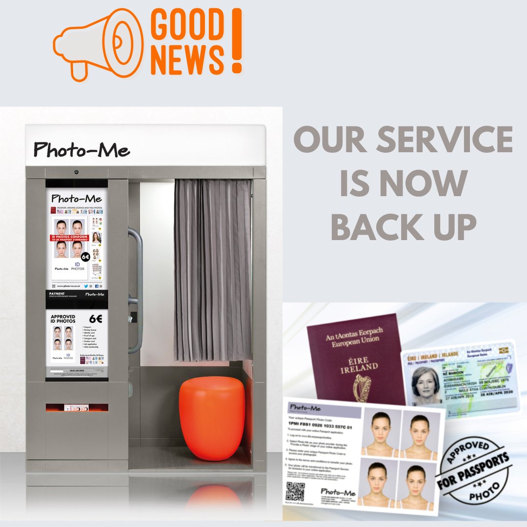 PhotoMe_Ireland's tweet photo. "We're back!  Our service is once again fully operational. We apologize for any inconvenience caused during the downtime and thank you for your patience. 

@dfatravelwise @PassportIRL https://t.co/nq5L3XTfy1