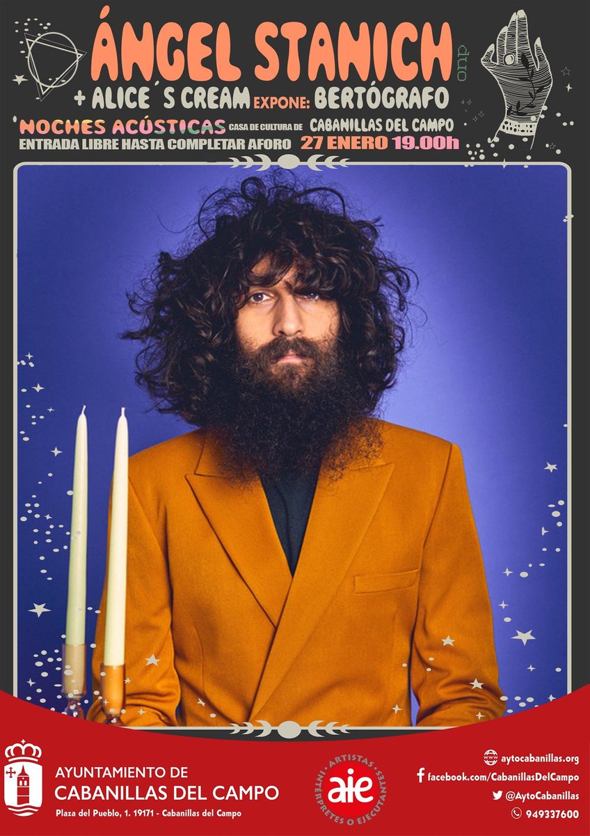 📌 ARRANCAN LAS NOCHES ACÚSTICAS 2023

🎸 III Noches Acústicas de Cabanillas
🧑‍🎤 <a href="/angelstanich/">Ángel Stanich</a> + <a href="/AlicesCream/">Alice's Cream</a>
🧑‍🎨 @bertografo
📅 Viernes 27ENE
🕖 19 h. Expo
🕗 20 h. Concierto
🏛️ Casa Cultura
🎟️ Invitaciones gratuitas desde las 19 h.
#CabanillasSeMueve

aytocabanillas.org/eventos/noches…