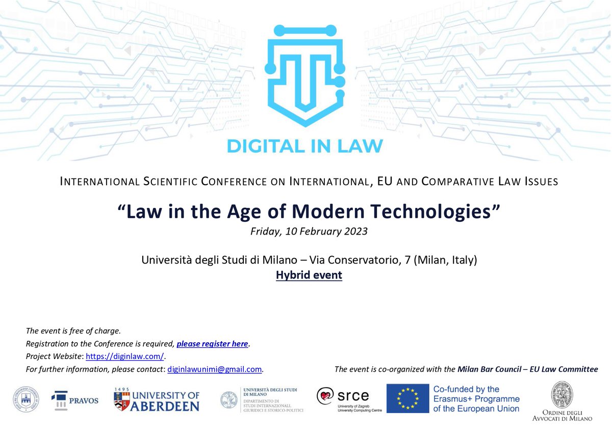 diginlaw's tweet photo. ❗️DIGinLaw Final Academic Conference: “Law in the Age of Modern Technologies”❗️

The DIGinLaw team invites you to the international scientific conference, which will be held in a hybrid form on 10 February 2023.🤓

Registration and more information at: https://t.co/QJa5Ag3M68 https://t.co/TMsyYRw6Ak
