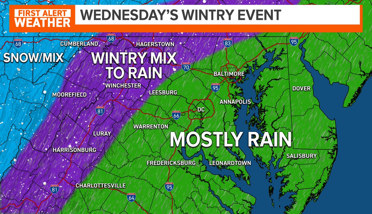 AdamMooreWX's tweet photo. Here's our updated precip map for Wednesday's potential wintry mix. It's not looking great for snow lovers unless you live north of Harrisburg, PA. There shouldn't be much road impacts east of the I-81, maybe a few slick roads in higher elevations like Skyline Drive. #MWeather https://t.co/ZoPxmLK7QS
