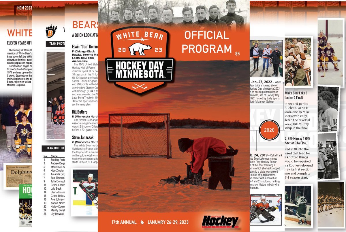 MNHockeyMag's tweet image. Our team is honored to once again be the creators of the official @HockeyDayMN program which will be available this week at Polar Lakes Park, site of #HDM2023. 

Pick up your copy at the event for team rosters, schedule info, feature stories, WBL hockey history and more!