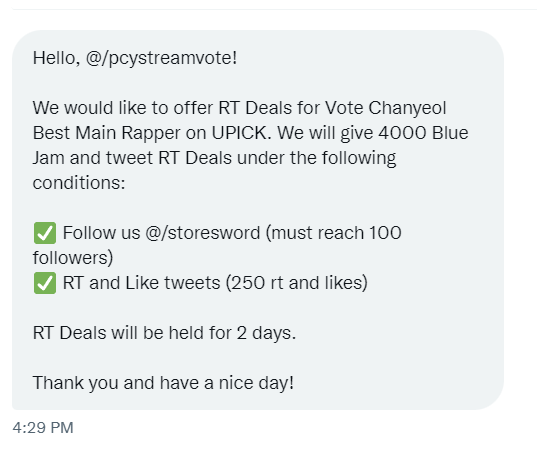 pcystreamvote's tweet photo. ‼️ UPICK RT DEALS ‼️
4000 💙 JAMS WILL BE DROPPED FOR CHANYEOL ON THE BEST MAIN RAPPER POLL

Conditions:
✅ Follow @storesword (must reach 100 followers)
✅ RT and Like tweets (250 rt and 250 likes)
🗓️ Deal ends in 2 days

Drop your proofs in the comment. https://t.co/U49BQrEzHt