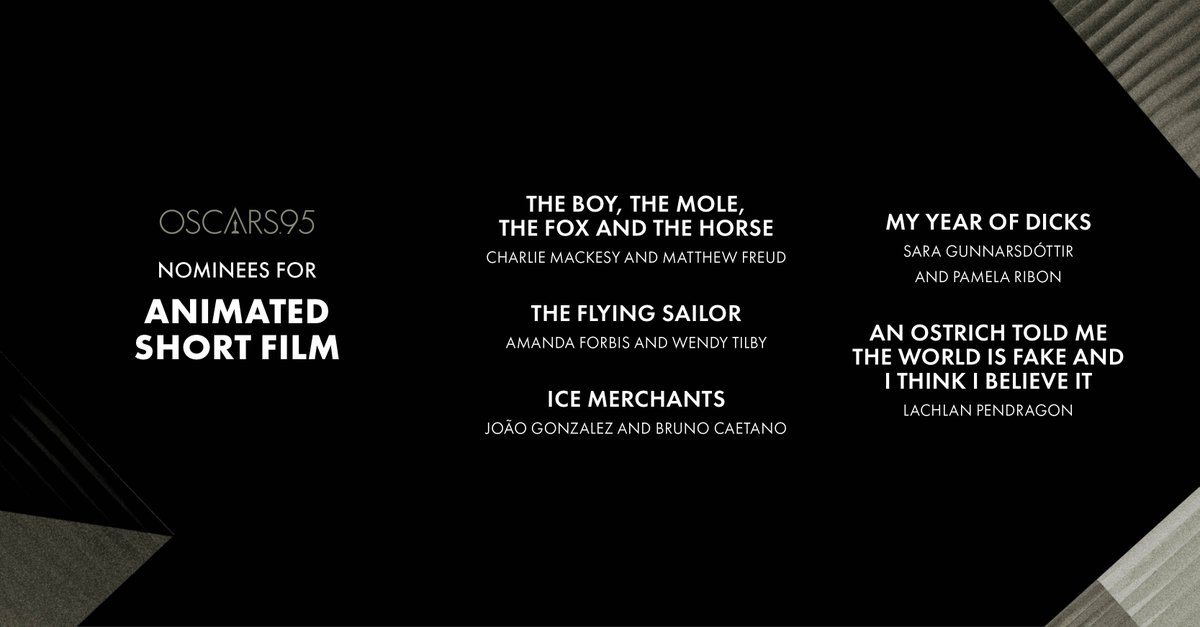 TheAcademy's tweet photo. Short but sweet, these are your nominees for Animated Short Film. #Oscars #Oscars95 https://t.co/9jf89RPT3Z