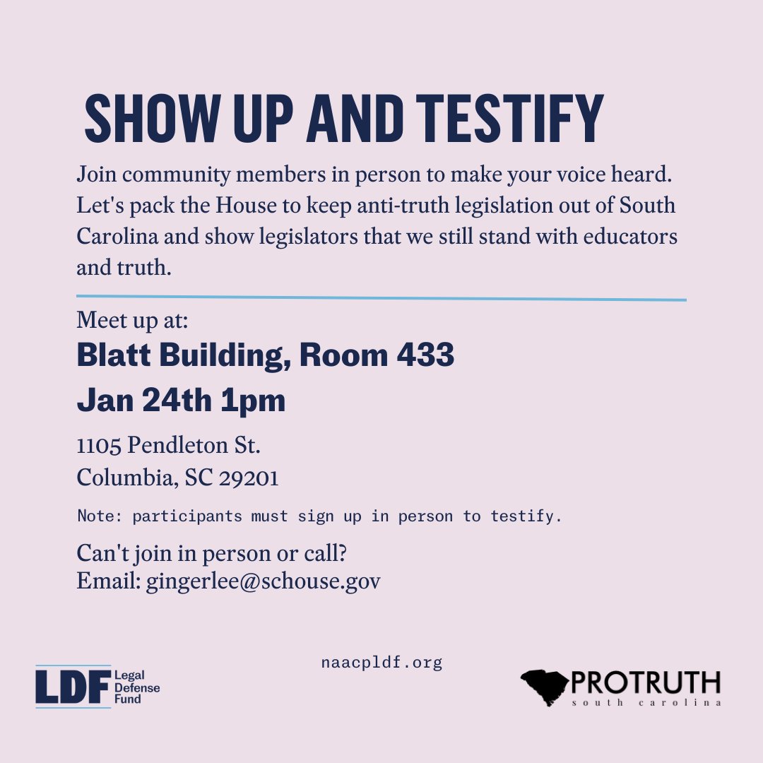 ATTN #SouthCarolina ! Today the House K-12 subcommittee will vote on H. 3728 which seeks to restrict classroom discussions on race & other important topics. We need your help to protect truth in education! #protruthsc take action TODAY!