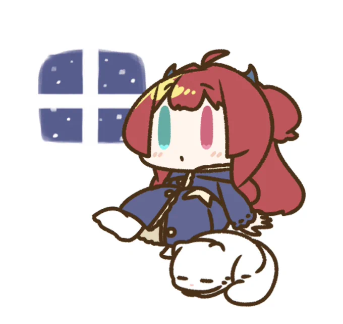 ロアちゃん雪を眺めてこっちは雪が降ってるけどロアちゃんのとこはどうかな?雪が積もれば雪だるま作ったり足跡つけてくだけでも楽しいよねロアちゃんは雪でどんな事して遊ぶのが好き?雪が積もってたら足には気をつけて〜だロアちゃんが冬に綺麗な雪景色を見れるように今日飯炒飯 #ロアート 