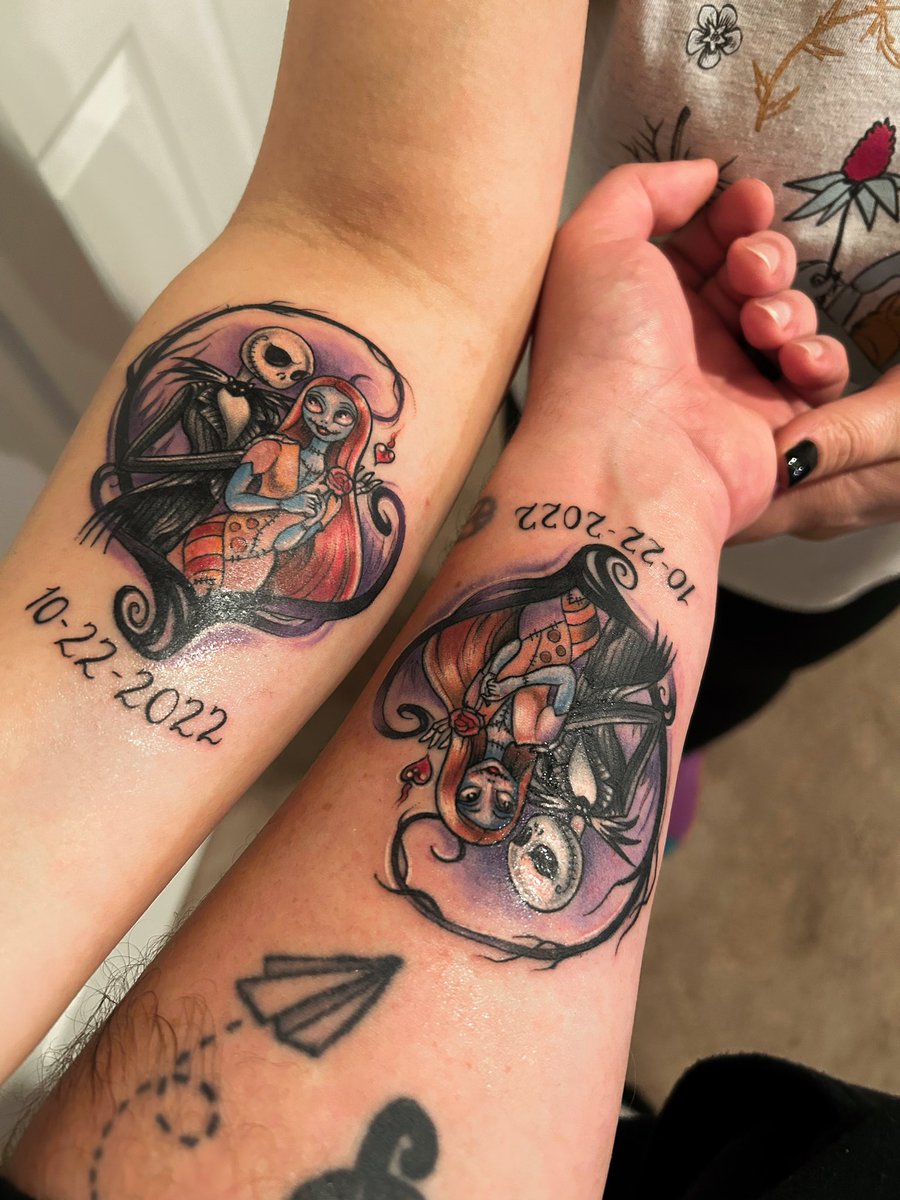 BrianUtter1's tweet photo. Simply meant to be 😘 . Matching jack and sally tattoos with my wife @s__utt22 #tattoo #nightmarebeforechristmas #matchingtat #CoupleGoals https://t.co/yA9k9KdlcS