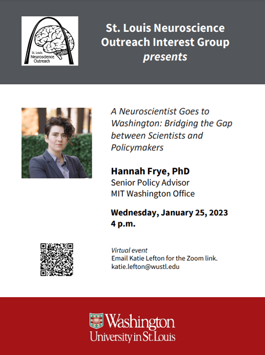 hannahefrye's tweet photo. Looking forward to meeting (virtually) with @WashUONR  and @neuro_out_STL  folks on Wednesday at 4 pm CT/5 pm ET to talk about scientists' engagement in the policy process! https://t.co/FAyB7s6SSM https://t.co/kHVVwPtBiQ