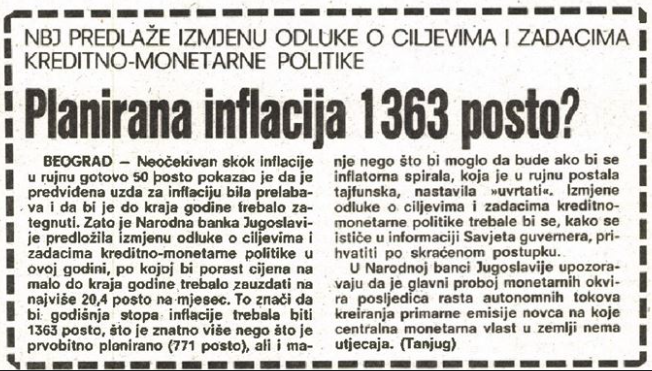 tomislavbali's tweet photo. Inflation in Yugoslavia, October 1989. Večernji list's article: "The annual inflation rate might be 1363%, which is significantly higher than originally planned (771%)." #inflation #banks #newspapers #Yugoslavia #Croatia #Serbia https://t.co/lWmCG5vPtB