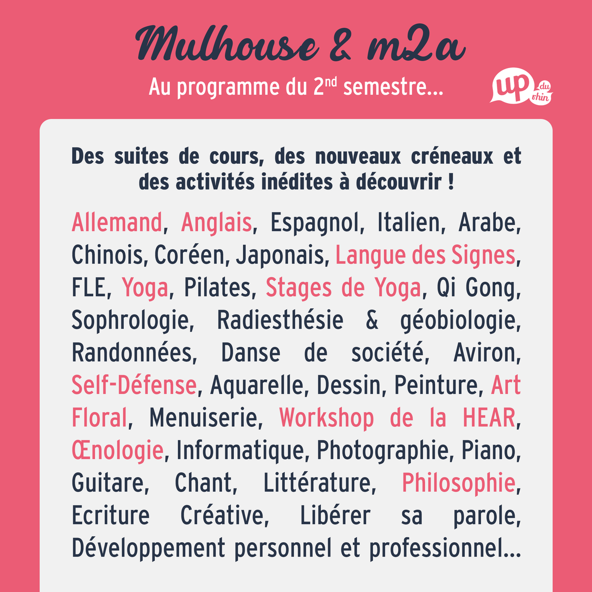 UPduRhin's tweet photo. 🤔 Quoi de neuf à l'#UPduRhin ce semestre pour #Mulhouse et #m2a ?
Découvrez toutes les #activités et #formations en #langue, #bienetre, sport, #devperso et #loisirscreatifs programmées au second semestre 👇

Plus d'infos &amp; inscription 
👉 https://t.co/jzCBzjmDCP https://t.co/SIKgbeNSY2