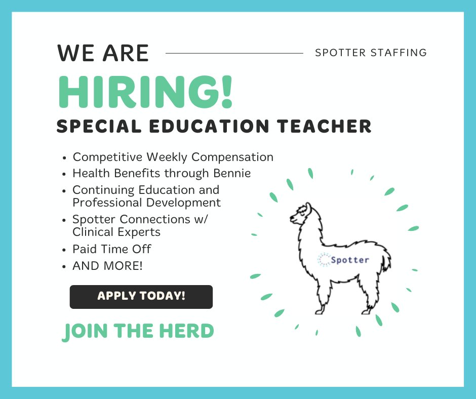 We're hiring for a #SpecialEducationTeacher in Gages Lake, IL!
Start 🏁 - ASAP!
Hours ⏲️ - 8:00 am to 3:30 pm
Pay 💰 - $45/hour and up, depending on experience
Click to apply: spotterstaffing.com/therapists/
#JoinTheHerd 🦙